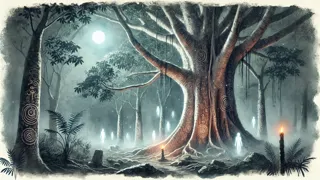 Spirit whisper lines glowing on the bark of a sacred kapok tree in Sierra Leone