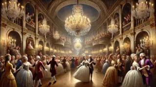 Baile de máscaras del siglo XVIII en un gran salón de Londres, con candelabros de cristal
