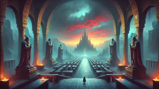 Asgard ao entardecer após a morte de Baldr, sombras se estendendo pelos salões vazios.