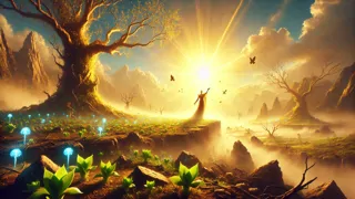 Grüne Triebe wachsen aus der Asche empor, als Baldur in der Morgendämmerung nach Ragnarök zurückkehrt.