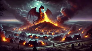 Un dragon émerge d’un tertre funéraire, son feu illuminant un village géat terrifié en contrebas.