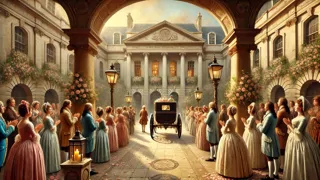 Novia y novio saliendo de una capilla del siglo XVIII rodeada de jardines de rosas.