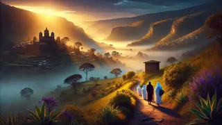 Planaltos da Etiópia ao amanhecer com monges e viajantes em um caminho montanhoso