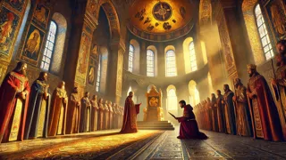 Carta medieval apresentada ao imperador na opulenta corte bizantina