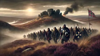 Beowulf et Wiglaf en armure traversent une lande sauvage en direction d’un tertre fumant.