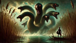 A Hidra de Lerna emerge das águas escuras do pântano, suas cabeças se contorcendo de forma ameaçadora.