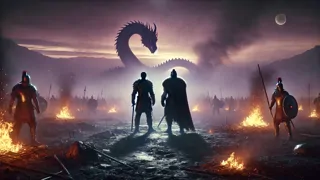 Beowulf et Wiglaf combattent un dragon cracheur de feu au milieu de la fumée et des pierres brisées.