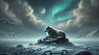 Fenrir acorrentado por Gleipnir na ilha de Lyngvi, à sombra do iminente Ragnarok
