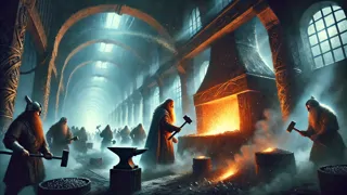 Anões forjando Gleipnir, a corrente em fita impossível, sob o olhar atento de Odin.