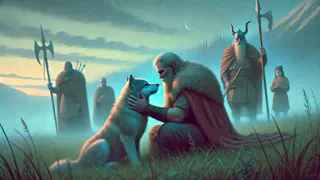 Tyr alimentando gentilmente Fenrir, o lobo gigante, enquanto os deuses o observam com desconfiança.