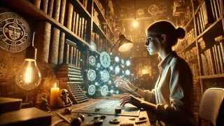 Elena in ihrem Labor, während sie leuchtende Maya-Zeichen projiziert und die Anweisungen für das Portal entschlüsselt.