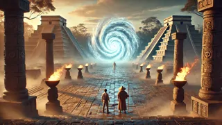 Blitzendes Portal öffnet sich in einer Maya-Plaza unter dem wachsamen Stein-Zeitwächter.