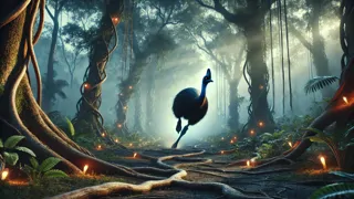 Cassowary charging through a dark forest, vines and roots rising around terrified hunters