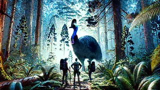A giant cassowary confronting armed hunters in a misty forest clearing