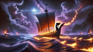 Pele y sus hermanos navegando en una canoa sobre las olas resplandecientes del Pacífico hacia el horizonte.
