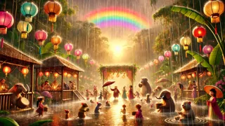 Animals of Celesteville celebrating as rain falls and a double rainbow glows above the city.