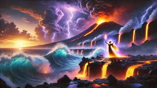 Pele luchando contra las olas del océano con lava en medio de volcanes en erupción en la Isla Grande.