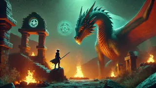Fionn fait face à Aillen, le dragon cracheur de feu, sa lance magique scintillant au milieu des flammes rugissantes à Tara.
