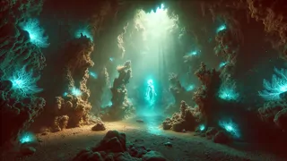 Grotto de coral iluminada por plâncton bioluminescente sob o recife de Pohnpei