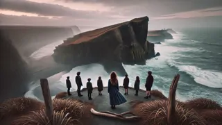 Crianças estão de pé em um penhasco de Nova Zelândia varrido pelo vento, com vista para o oceano ao entardecer.