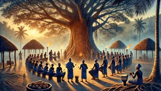 Mende village priests performing ritual drumming at the base of the sacred kapok tree