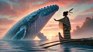 Uma jovem Paikea tocando a lateral de uma baleia gigante que emerge das águas iluminadas pelo amanhecer.