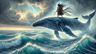 Paikea em pé nas costas de uma baleia enquanto ela atravessa ondas enfurecidas sob um céu dramático