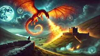 Aillen le dragon, enveloppé de flammes, s'approche de Tara sous une nuit enchantée.