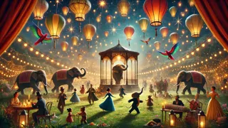 Celesteville illuminated by lanterns, with animals dancing and celebrating in the gardens.