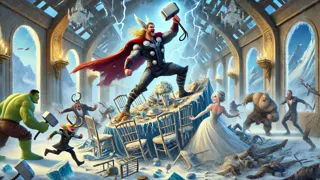 Thor, der im Kampf gegen die Riesen in Jotunheim Mjölnir schwingt