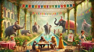 Elephants, monkeys, and animals prepare pavilions and decorations in Celesteville's gardens.