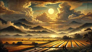 Amaterasu brillando sobre un paisaje mientras Susanoo desata una tormenta y Tsukuyomi proyecta luz de luna.