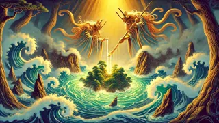 Izanagi e Izanami removiendo el mar para crear Onogoro-shima, la primera isla japonesa.