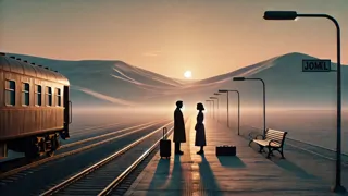 Die Eisenbahnstrecke, die in die staubige Ferne führt, während das Paar am Bahnsteig spricht.