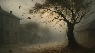 Um galho de bordo envelhecido sob uma tempestade de vento furiosa, com folhas girando ao redor.