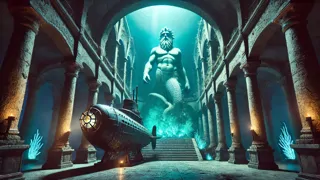 Sous-marin Léviathan devant une immense statue de Triton sculptée, illuminée par une bioluminescence dans une chambre submergée
