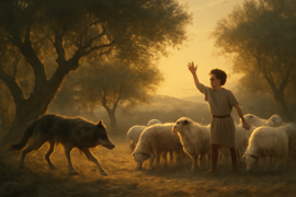 Un loup attaquant un troupeau de moutons près du berger boy