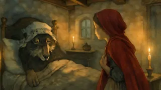 Wolf disguised as grandmother in the dimly lit cottage by the hearth