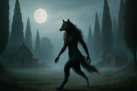 Figura fantasmal de una mujer con apariencia de lobo emergiendo del pantano a la luz de la luna.