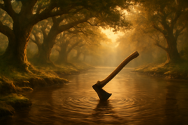 Woodcutter pulling a wooden axe from a clear river with oak trees overhead