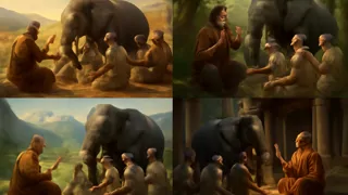 Illustrations of the blind men parable retold around the world with different animals and settings
