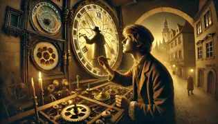 A young apprentice clockmaker works on the Orloj, unaware of Horace’s ghost, barely visible among the gears.