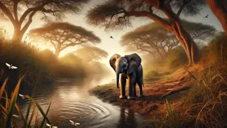 cría de elefante de pie en la orilla sombreada del río, bordeada por árboles de acacia