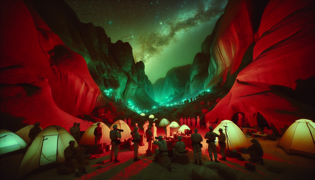 Researchers scanning desert canyon at night under infrared lights