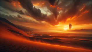 Dark silhouette of a towering figure against a desert sunset