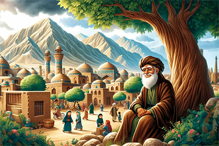 A picturesque Persian village with Amir, the wise old man, sitting under the shade of a sycamore tree.