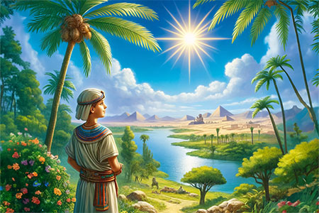 Depicts the young Amasis by the lush banks of the Nile, inspired by the landscape and the distant pyramids.