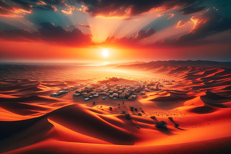 This image sets the scene with a vibrant depiction of the desert and the village of Al-Zahra under a sunrise. Place this image at the beginning of your story.