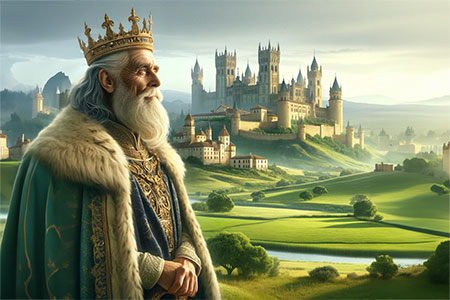 This depicts the majestic landscape of medieval Spain, featuring King Alfonso in front of his grand castle.