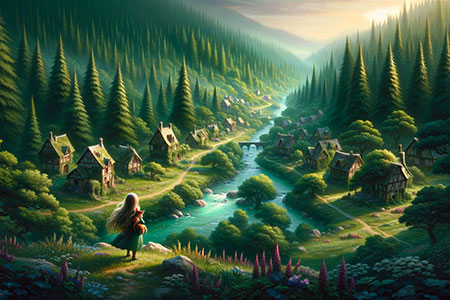 A fantasy landscape of the village of Farrance, with the young girl and her dragon overlooking the serene village surrounded by dense woods and a gentle river.